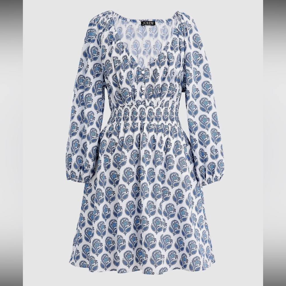 J. crew smocked mini dress in bouquet block print in Bright Peri XS